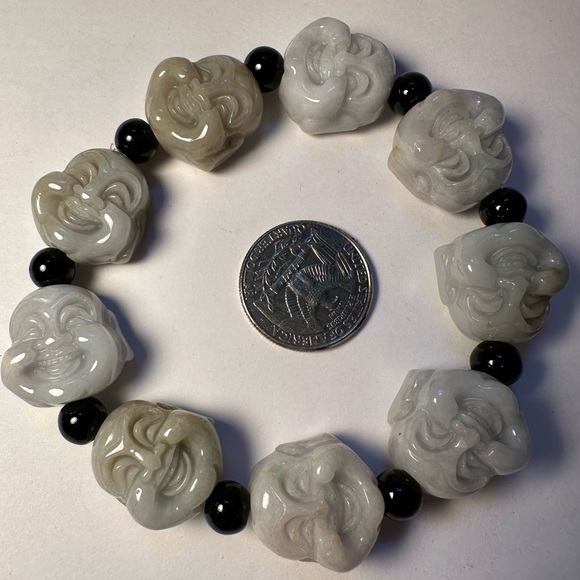 Certified Natural Grade A Myanmar Jade Green Jade Smiling Buddha Men's Bracelet - Picture 5 of 14